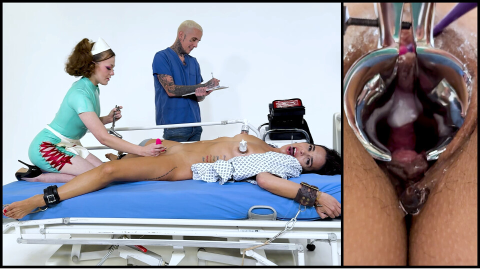 Latex Medical Play: Latina in restraints, Gagged And Made To Orgasm (HD + BTS)