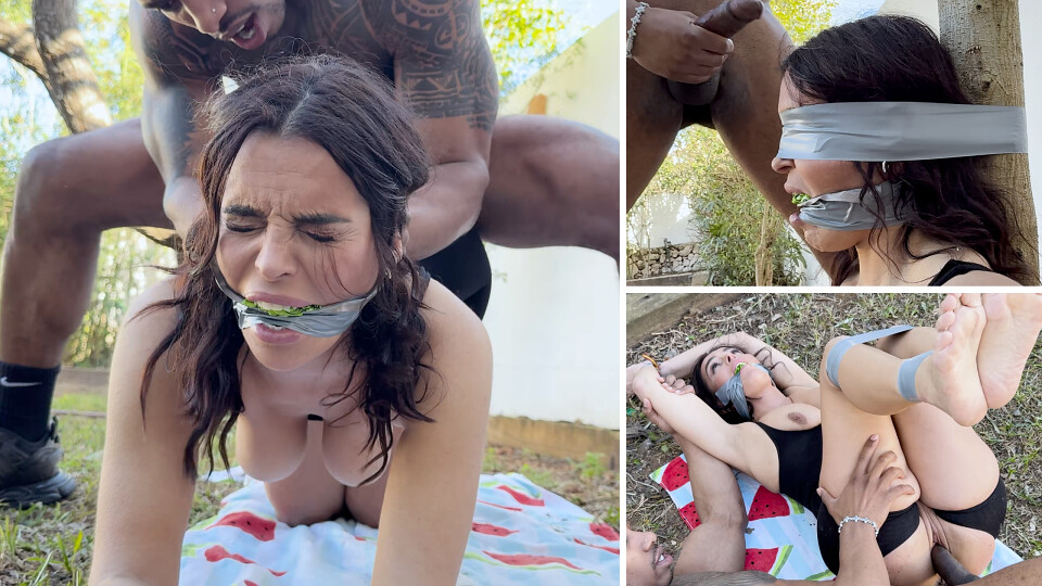 Lustful Gardener Ambush: Latina Yoga Session Turns To Tape Gagged Wand Fuck And Blindfolded Cum On Tits (4K)