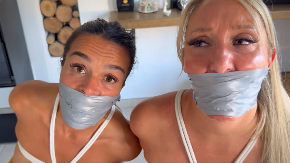 Boound, Gagged and Hogtied. Burglar Siclences Latina and Rachel Lei with their own panties HD