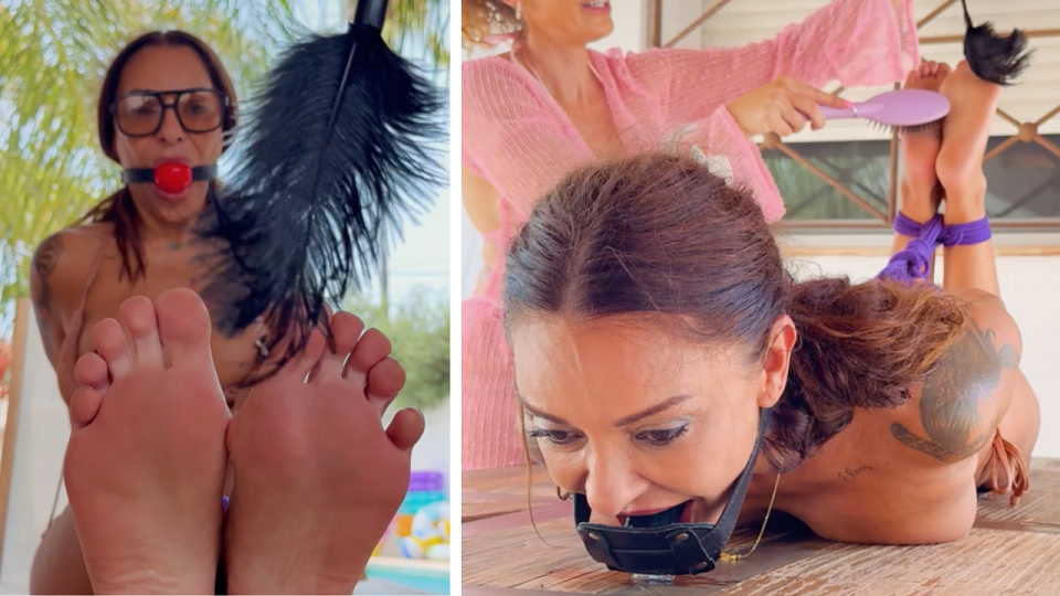 Tickle and Tie Deal. Princess Lola ball gags and penis gags Lola Lu on a stric hogtie
