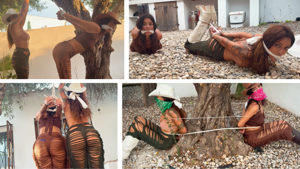 Bandit Girls Tied Tight. Two Helpless Cowgirls Cleave Gagged to a Tree and Rough Ropes Hogtie HD
