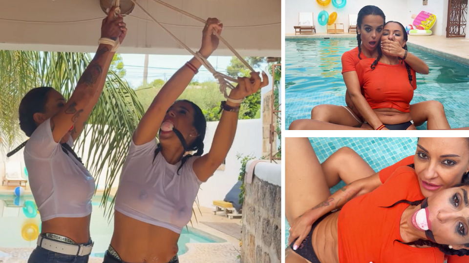 Latina and Lola Lu Bound, Gagged and Blasted. The Hose Reverse Flip ends with Lesbian Kink Sesh at the Pool