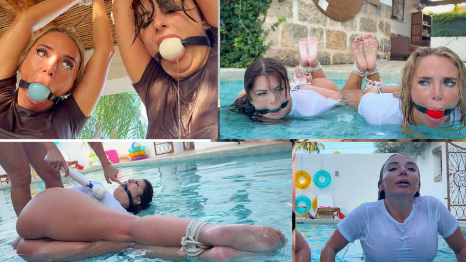 Emma Reed and Ava Kayley Bound and Soaked. Lesbian Wet Catfight in a Bondage Water Battle
